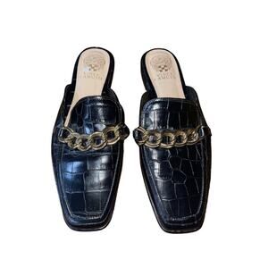Vince Camuto Rachey Chain Link Mule Slip On Embossed Leather Flats Slides Shoes